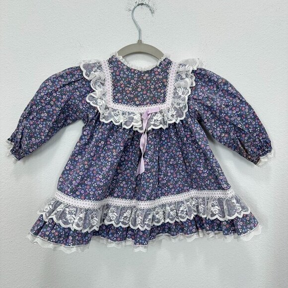Vintage Bryan Girls 24 Month Purple Floral Lace Dress Cottagecore Puff Sleeve - Picture 1 of 6